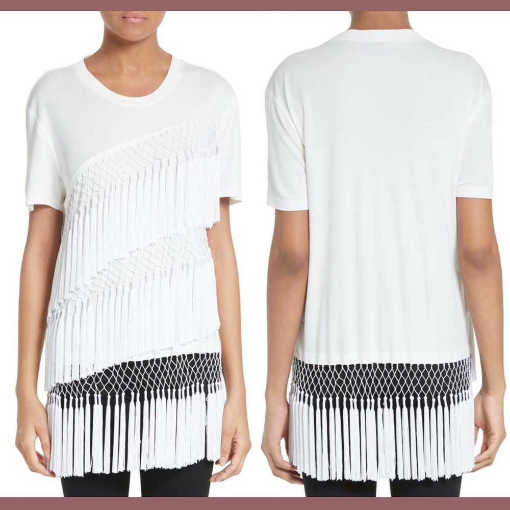 NWT $299 Opening Ceremony Lora Fringe‎ Tee Top Blouse in White [SZ Large ]